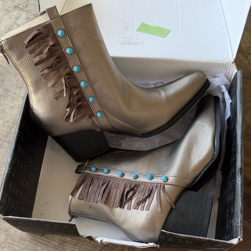 Crazy Train Metallic Ankle Boots with Fringe and Turquoise Studs